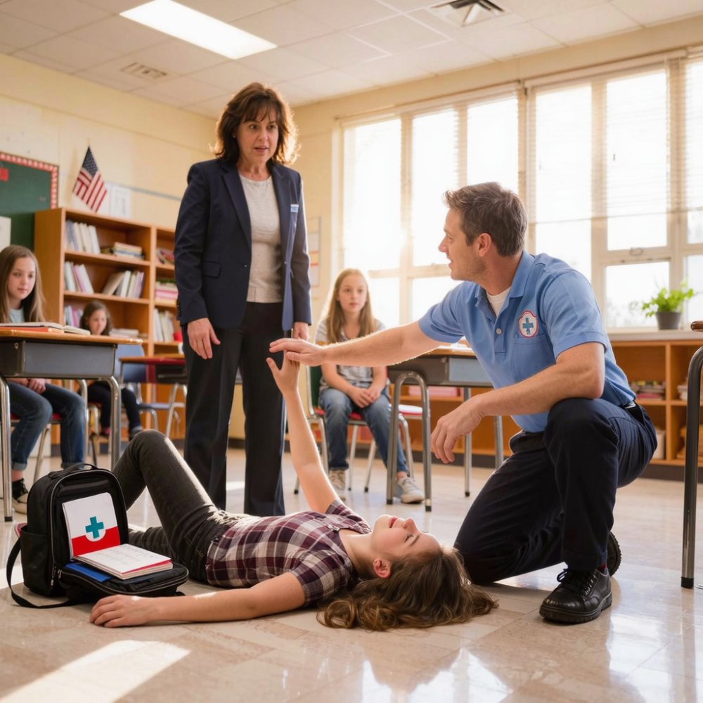 LA-At school, i collapsed. Hit the floor. I couldn’t move. My teacher said: “she’s faking it.” Some kids laughed. Seconds passed, no one helped. Sirens outside, a paramedic ran in. Dropped beside me: “she’s not responding.” He looked up at her, “i’m calling this in.” Her face went pale.