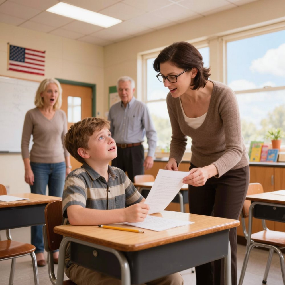 LA-My son was taking a test in class when his teacher suddenly snatched his paper and accused him of cheating. “you cheated, don’t deny it,” she said. he froze… then started crying while the class watched. seconds later, she failed him on the spot. i walked in just as the principal arrived. what he saw made him stop at the door and say, “wait… what did she do?”