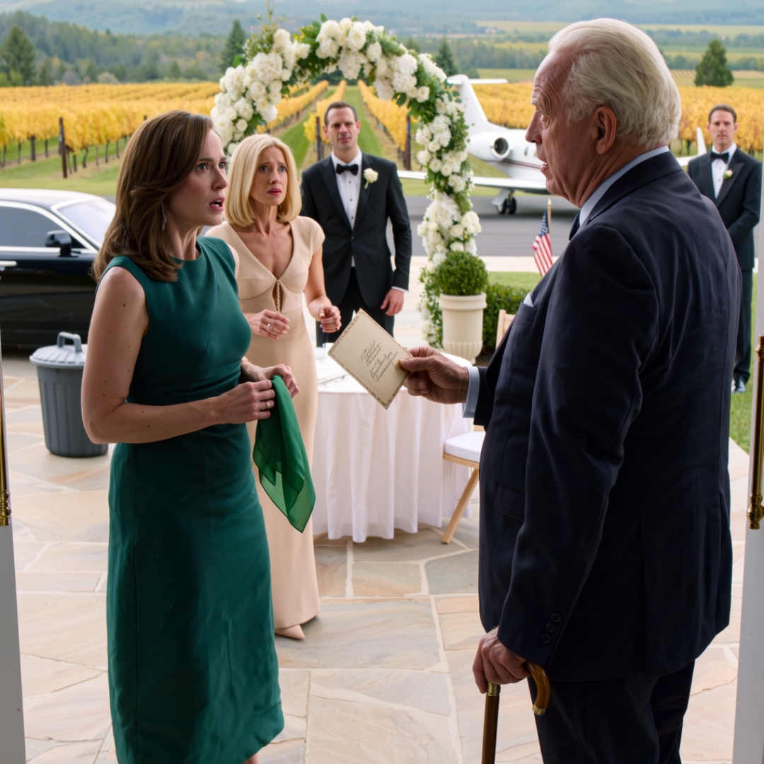 My 75-year-old grandfather flew six hours to attend my brother’s wedding, and my parents put him behind the trash cans like something they needed to hide before the photographer arrived. My mother smiled for the guests, then leaned toward me and whispered, “That old beggar will embarrass us.” Twenty minutes later, the same “beggar” returned from the private airfield in a black car with two attorneys behind him, and the entire vineyard found out whose name had been on the land all along.
