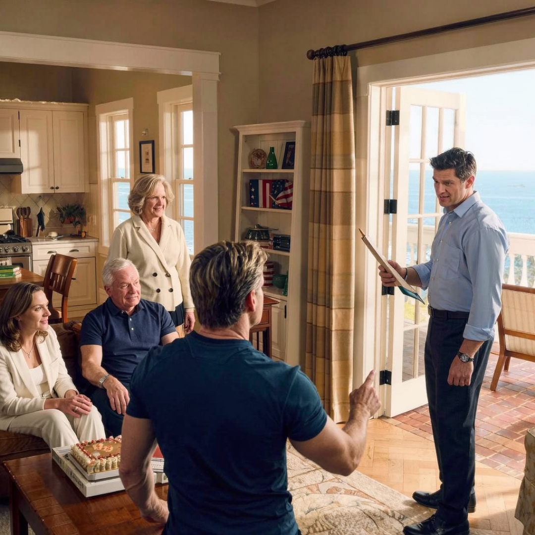 I gave my parents a $425,000 seaside house for their 50th anniversary because I wanted them to spend whatever years they had left somewhere that smelled like salt instead of sacrifice. When I arrived with cake and sparkling cider, my mother was crying, my father was trembling, and my sister’s family was already acting like they owned the place. Then my brother-in-law pointed at the door and shouted at my father, “This is my house now. Get out.” He got exactly one sentence before I walked in, and after that, the whole room went dead silent.