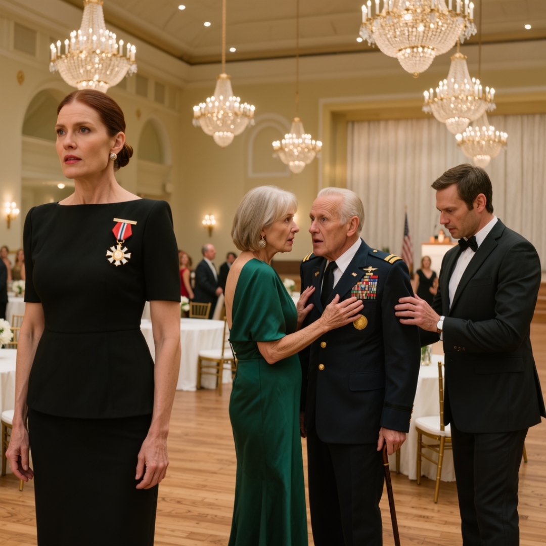 At the military charity gala, my stepmother reached for the medal pinned near my shoulder, grabbed it, and hissed, “You stole this. You’re too poor to wear something like that.” She actually tried to tear it off my dress in front of a room full of veterans, officers, and donors. Before she could, an old veteran caught her wrist and said, “Ma’am, that is the Medal of Honor. Do you have any idea who she is?” In a single second, all the color drained from my stepmother’s face.