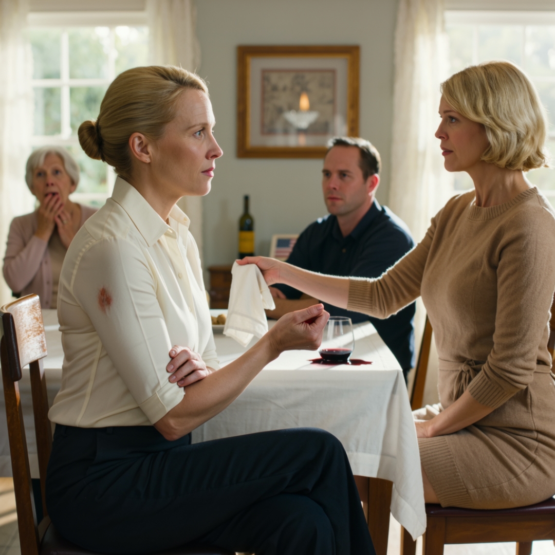 At family dinner, my hand started shaking and I spilled my wine. My sister-in-law Karen looked at the red stain spreading across my mother’s white tablecloth and said, loud enough for everyone to hear, “Drunk at noon? You’re a mess.” I didn’t argue. I didn’t explain myself like a defendant. I just rolled up my sleeve, showed her the round scar on my arm, and said, “It’s nerve damage, Karen. Kandahar. I got it saving lives.” The whole room went silent.