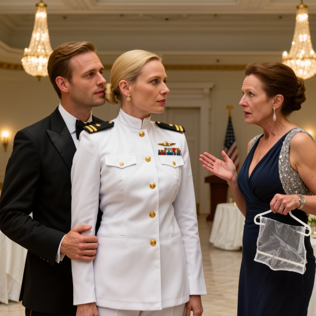 At the gala, my mother-in-law hid my dress and leaned in just long enough to whisper, “You don’t deserve to wear white. You’re not classy enough.” I said nothing. I simply changed my plan. When I walked into that ballroom wearing my Navy dress whites, the room went still. Conversations stopped. Postures shifted. Then someone looked at me and said, “You look radiant, Admiral.” My mother-in-law’s face turned crimson.