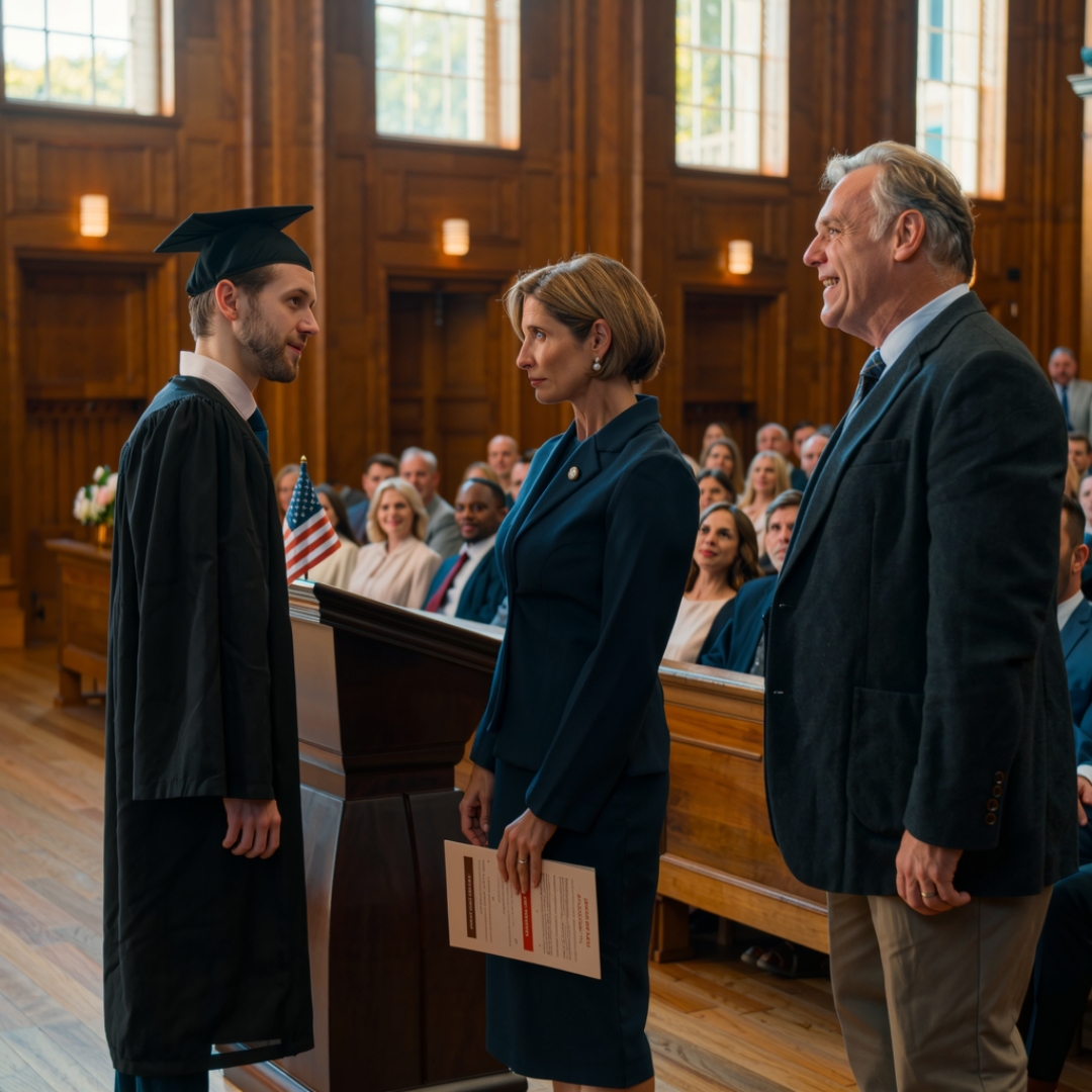 “This one’s the real lawyer, not her,” my father said proudly at my brother’s law school graduation while I sat quietly in the back row and let the room believe exactly what he wanted them to believe. Then the dean stopped mid-sentence, looked straight at me, and said, “Your Honor… you’re here?” In an instant, the entire room fell silent. That was the moment my father realized he had just humiliated the only person in the room whose name already carried weight inside those walls.