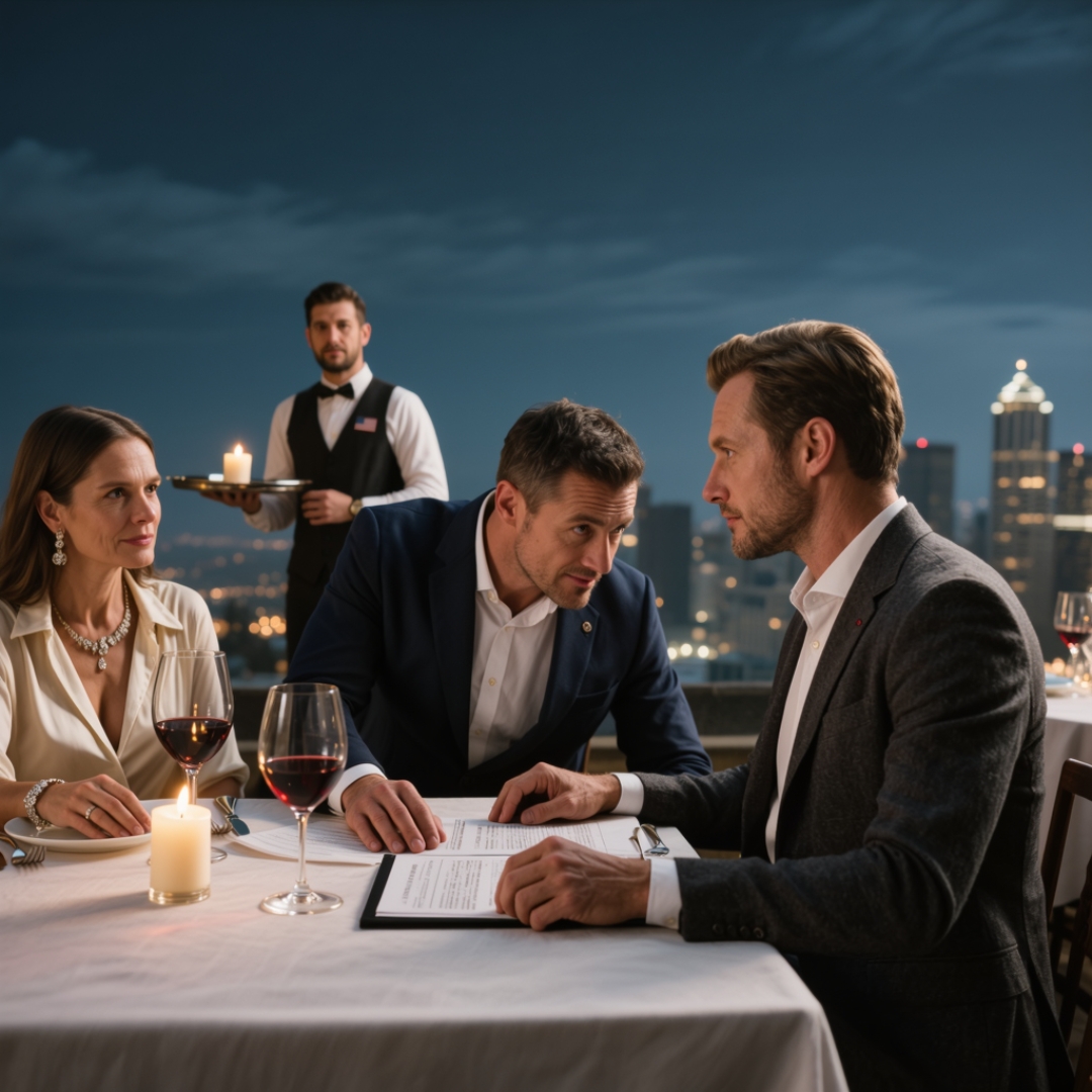 My wife’s new “alpha” leaned across the dinner table and told me, “Walk away, or prove you’re a man.” My wife, Lydia, smiled beside him like she had finally found someone willing to say the cruel part out loud. I looked at the wine glass in his hand, then at the wedding ring still on hers. My voice stayed calm as I reached into my jacket, placed the divorce papers beside his plate, and said, “Funny. I was about to give both of you a third option.” By the time the waiter came back, neither of them was smiling.