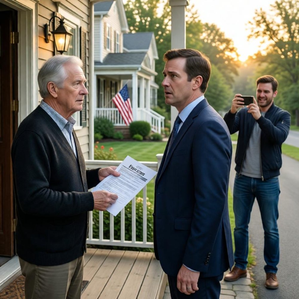 LA-At sunrise, the bank manager rang my doorbell with a foreclosure notice. my stepson stood at the end of my driveway, recording and shouting, “pack your bags, old man—this house belongs to the bank now!” i quietly read the papers and asked the manager one question. his face went gray. family story