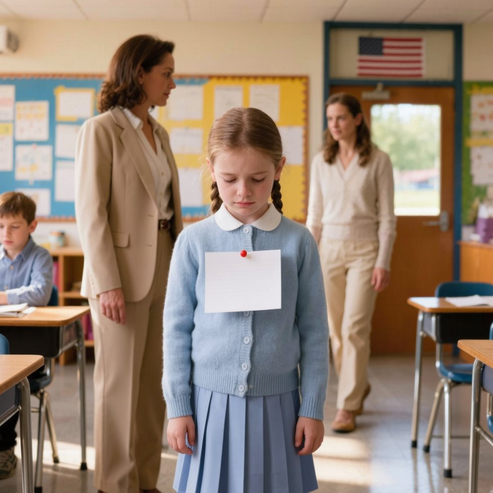 LA-In class my 7-year-old stood there. The teacher pinned a sign on her chest: “thief.” She leaned in, “now say it, ‘i’m a thief.’” My daughter barely spoke. The class started repeating it. I was at the door and froze. Then one voice cut through the room—and the teacher went silent… “thief.”