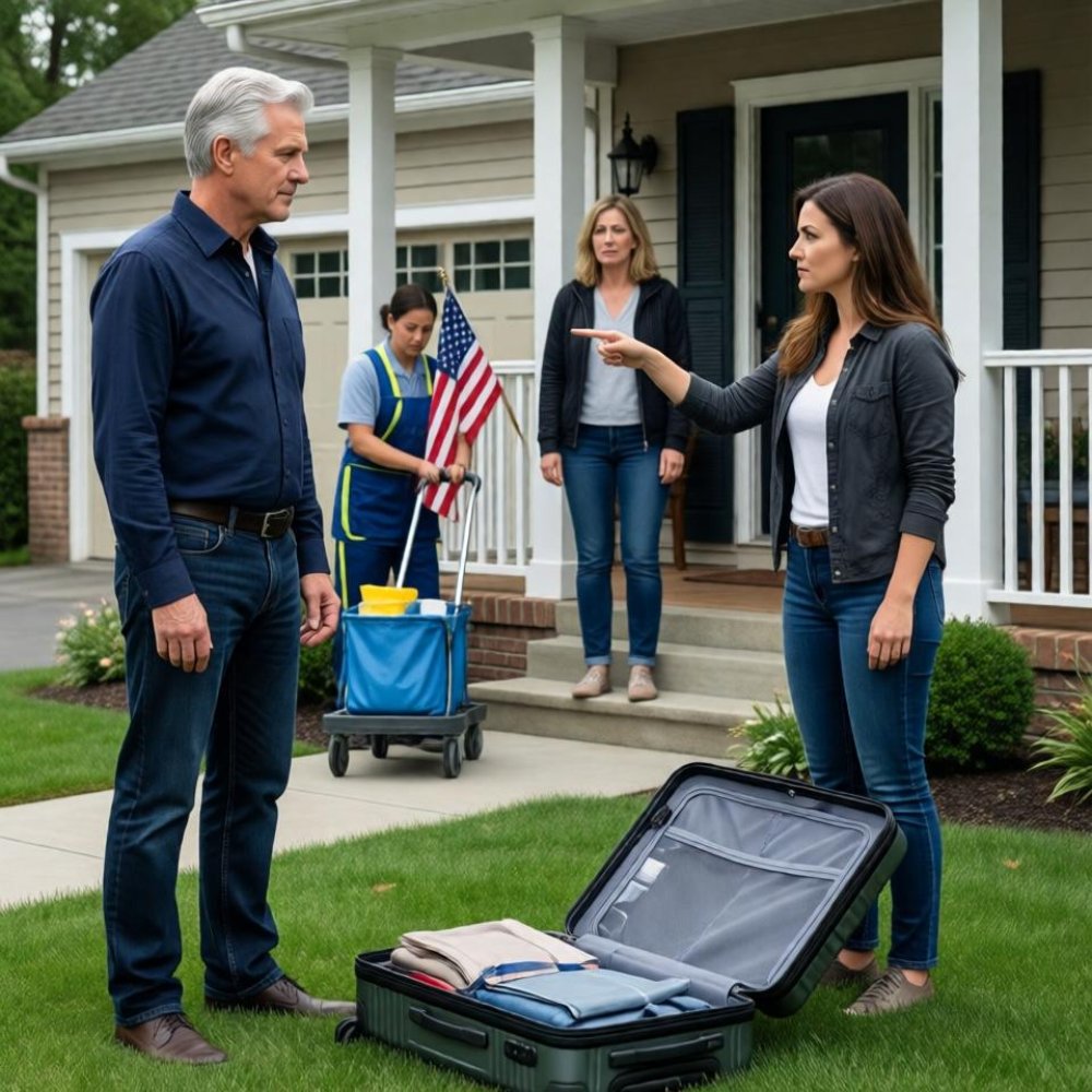 LA-I turned into my driveway and saw my wife’s suitcase thrown across the yard. my son’s wife stood on the porch, called it “trash,” and told the cleaners to take the rest. i didn’t argue — i simply looked at her, and that’s when she made the first mistake…