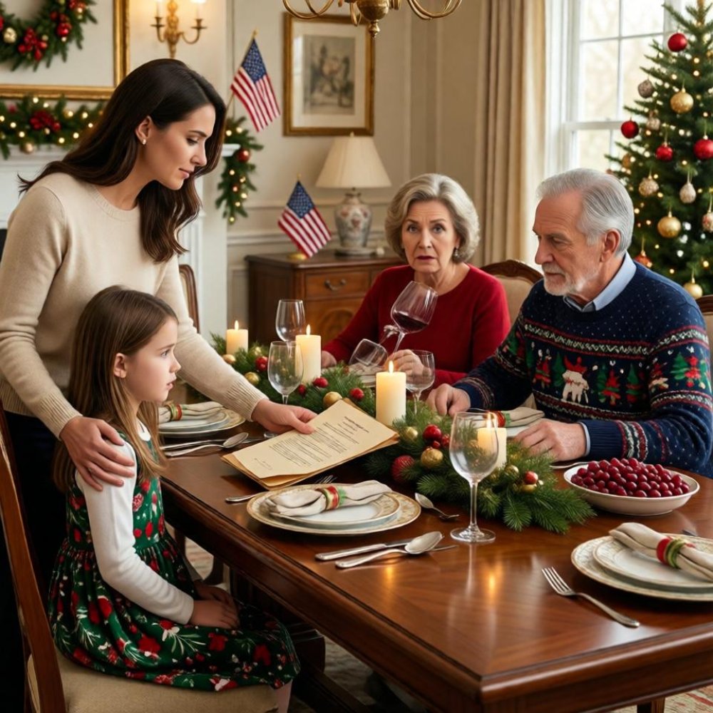 LA-My dad pushed my 9-year-old daughter at the Christmas table. “That seat is for my real grandkid. GET OUT!” She hit the floor in front of the whole family-but everyone stayed silent. I didn’t cry. I said FOUR WORDS. My mom dropped her wine glass. My dad went pale…