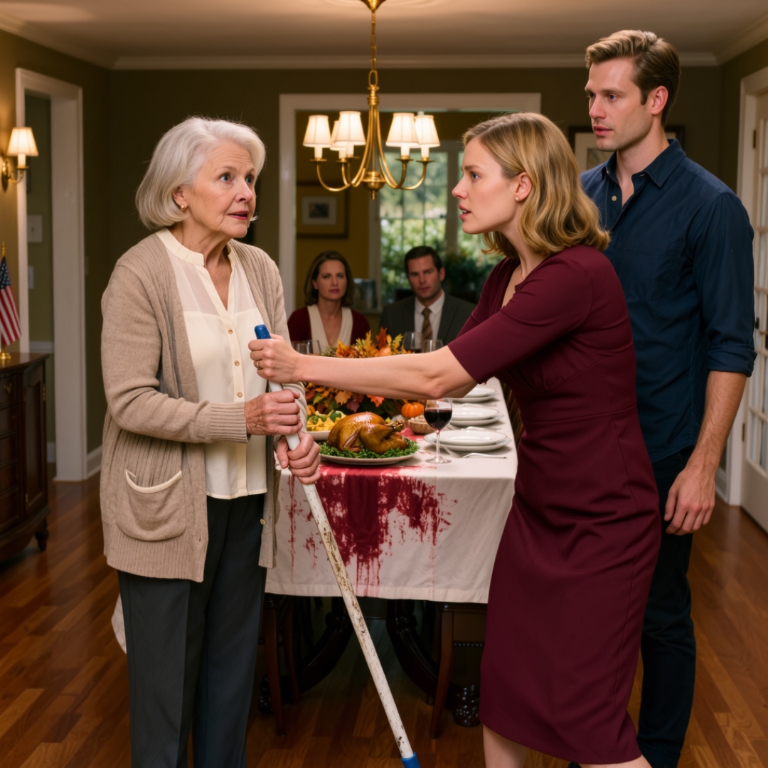 At Thanksgiving dinner, my daughter-in-law handed me a dirty mop in front of eight guests and said, “Stop pretending you’re sick.” My own son didn’t defend me. He looked at the woman who raised him and said, “You eat here for free, so start cleaning.” I looked around the table, saw every face pretending not to hear, and finally understood my place in that house. That night, I packed one suitcase and left before sunrise. By the next afternoon, they discovered what I had done — and suddenly, the same people who treated me like a burden were begging me to come back.