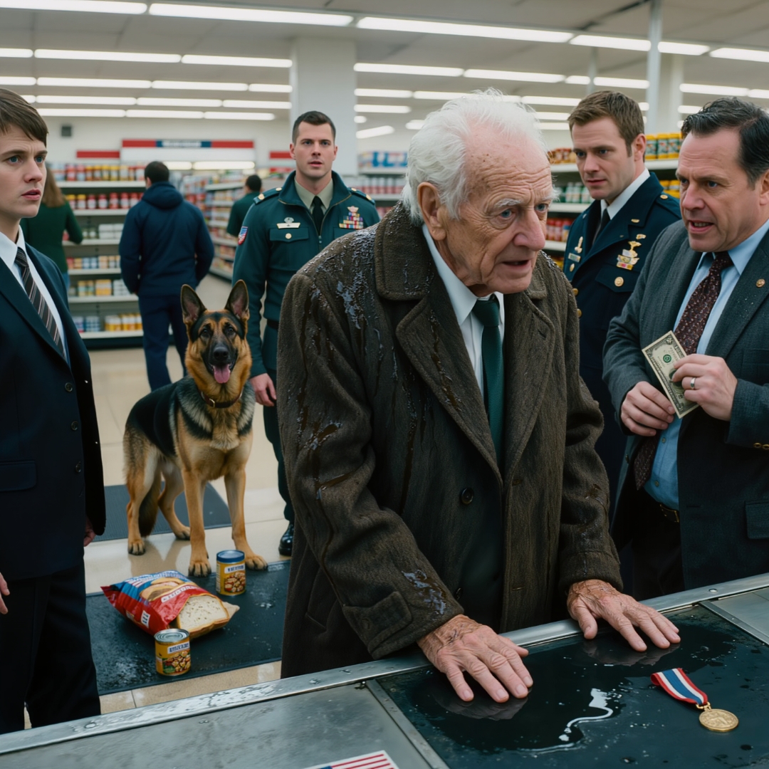 A 90-year-old Navy SEAL placed his Silver Star on the grocery store conveyor belt to pay for a can of soup. The cashier froze. A man behind him smiled and offered twenty dollars for the medal. Then a Marine with a German Shepherd stepped forward, looked at the old man’s bank receipt, and his face went cold.