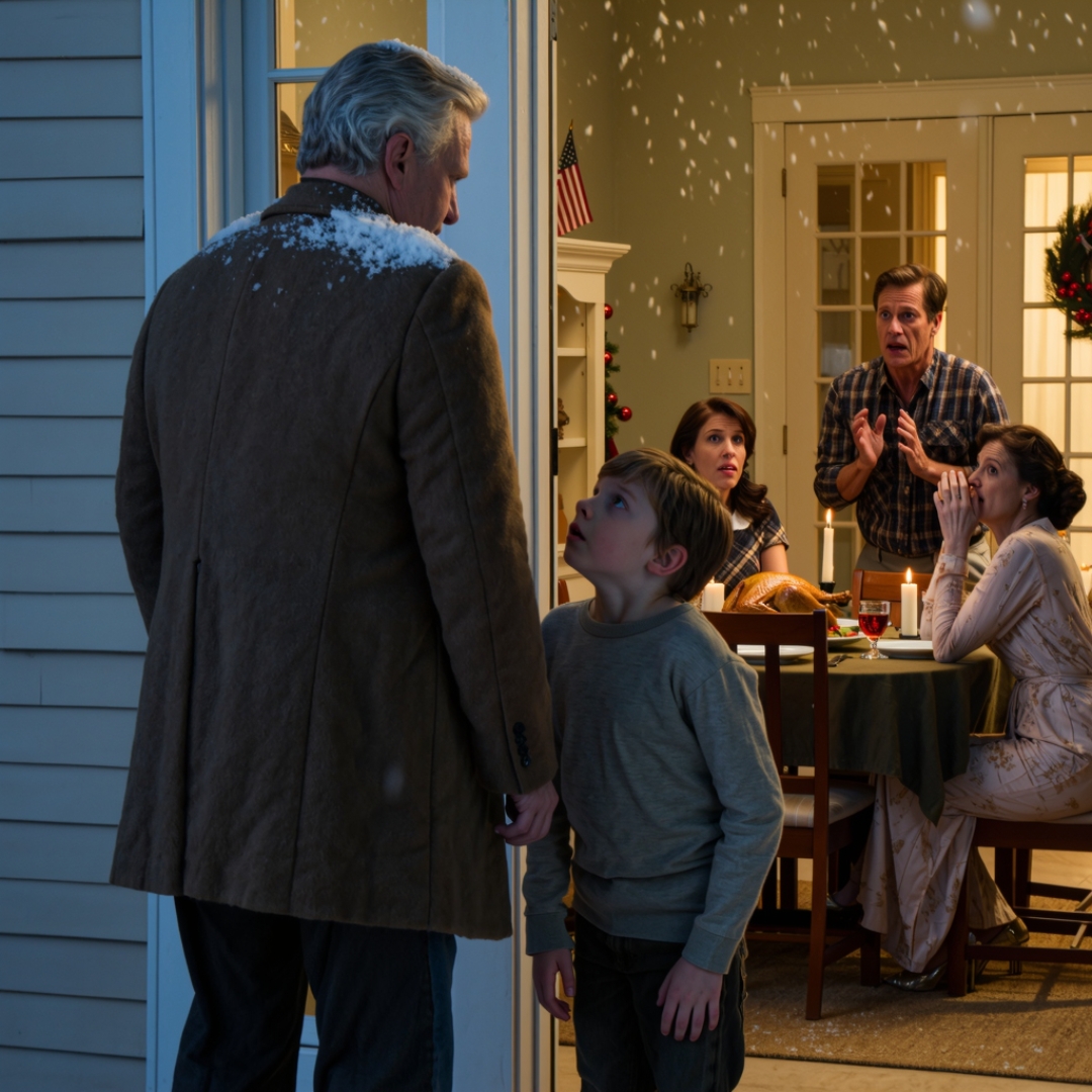On Thanksgiving Day, I found my 10-year-old grandson sitting outside in the snow while his family ate turkey dinner behind locked doors. He had no coat, no hat, and his lips were turning blue. When I wrapped my coat around him, he whispered, “I’m not allowed inside.” Then I heard laughter coming from the warm dining room — and that was the moment I stopped knocking.