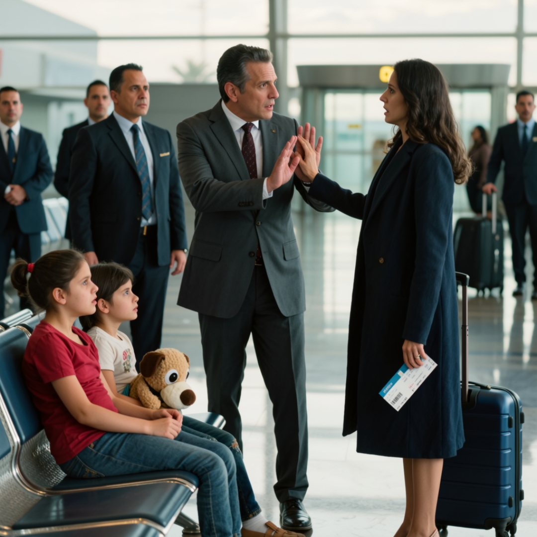 Valeria left two 5-year-old twins on a cold airport bench, then boarded a flight to Cancun with their late father’s insurance money in her purse. She thought no one had seen her walk away. But across Gate 17, a powerful businessman noticed the boy clutching a one-eyed stuffed dog. Then the child pulled out a faded photo — and five minutes later, Valeria’s plane was stopped before takeoff.