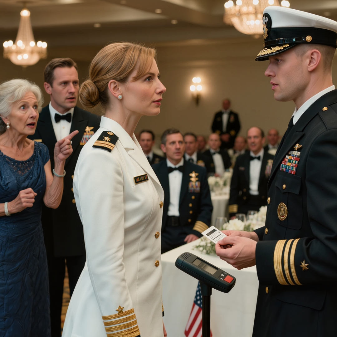 “Arrest her!” my mother-in-law screamed at the military ball, pointing straight at me. “She’s impersonating an officer.” The ballroom went quiet as the MP took my ID and walked it to the scanner. My husband looked frozen. My mother-in-law still looked certain she had won. Then the screen loaded, the MP’s face changed, and he called out, “Attention on deck.” Every officer in the room stood up — and suddenly, the woman who wanted me removed couldn’t move at all.