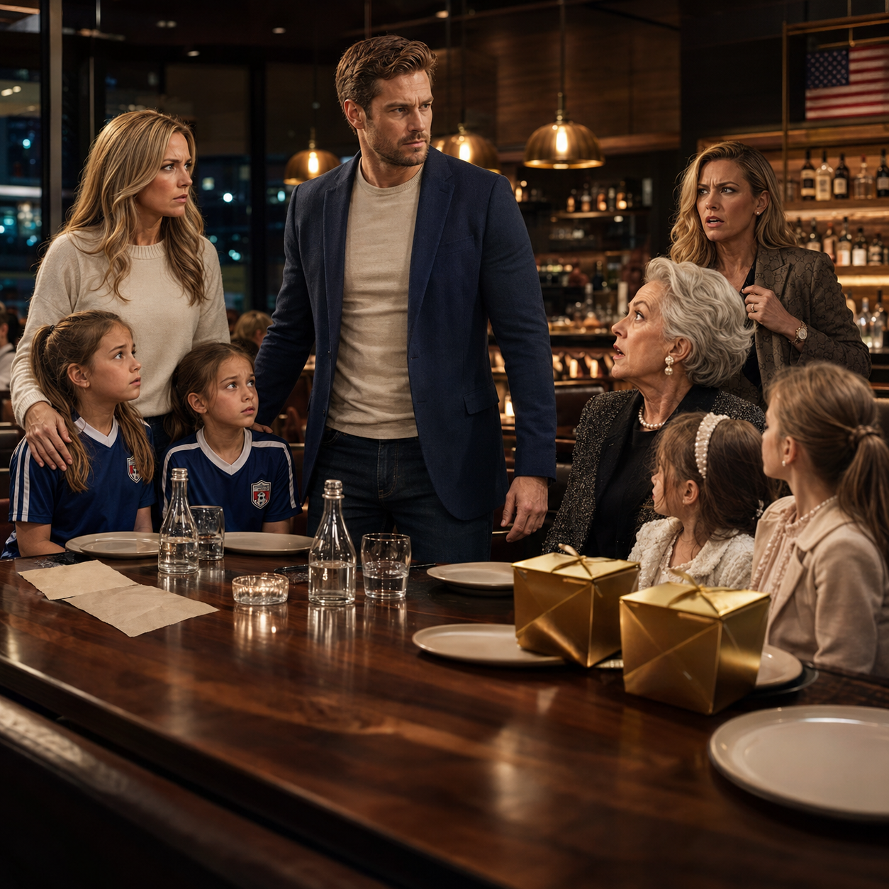 At dinner, my mother tossed napkins toward my children and said, “Your kids can eat when they get home,” while my sister’s daughters opened $65 pasta and dessert boxes. My brother-in-law laughed, “Should’ve fed them first.” I looked at my kids trying not to cry, then at the waiter walking back to our table. I whispered, “Copy that.” When he arrived, I stood up and asked him one quiet question — and my mother’s face changed before he even answered.