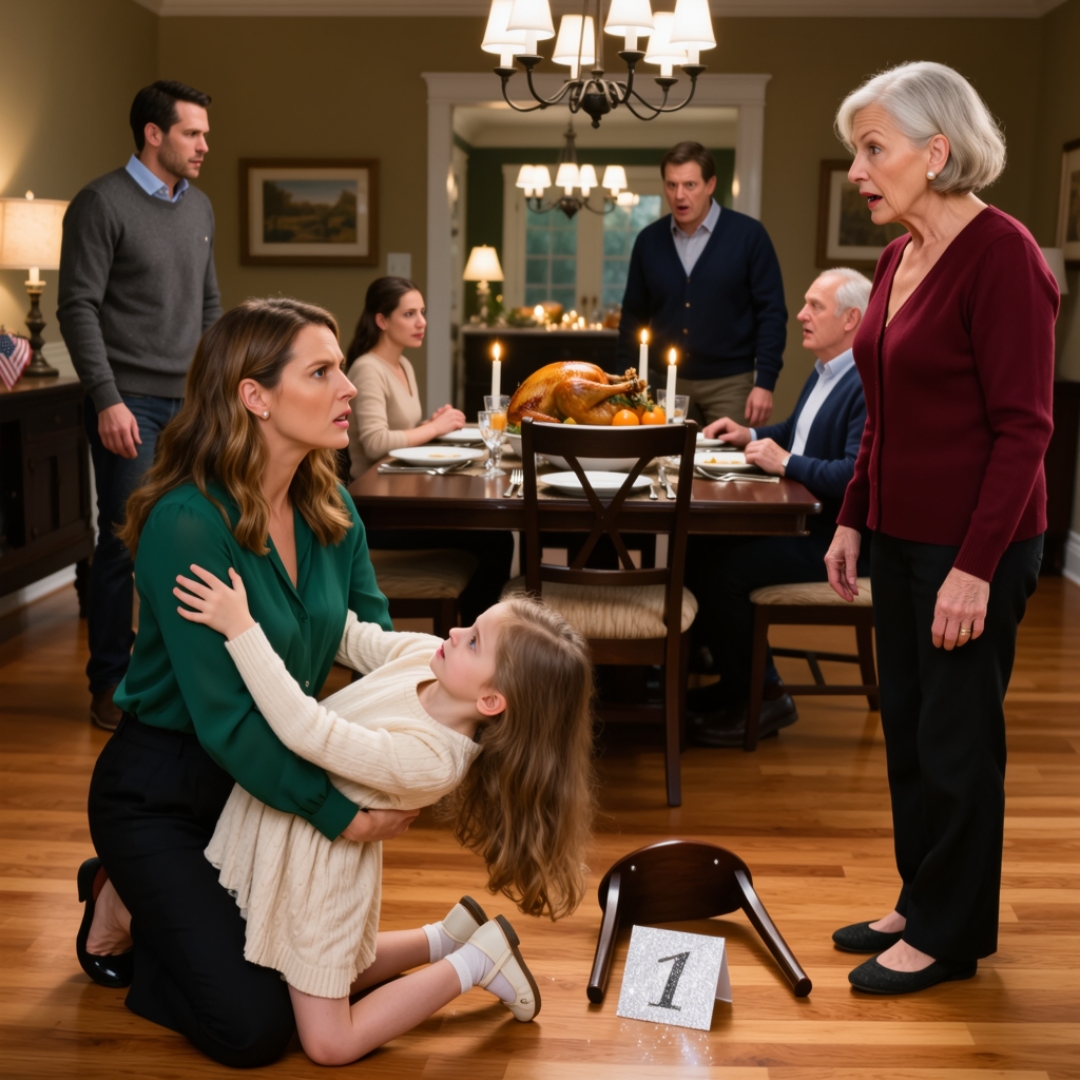 My mother shoved my little daughter out of her chair and snapped, “This table is for family. Go away.” The room went silent when my child hit the floor. I picked her up, looked straight at my mother, and said five words that wiped the color from her face. My father opened his mouth to speak, but nothing came out right.