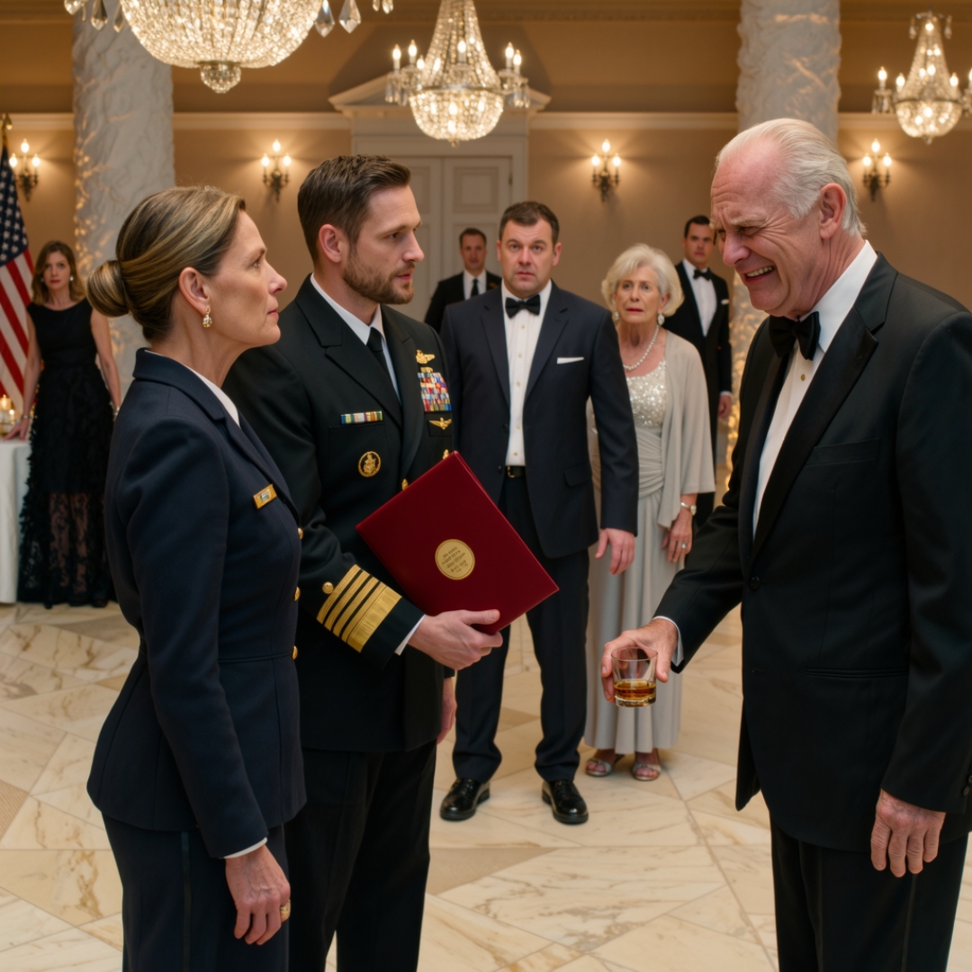 At the military gala, federal agents walked straight toward me and said, “You’re under arrest for treason.” My father stood behind them, smiling like he had finally found a way to erase me. “I reported you,” he said. The whole room turned to watch me fall. Then the doors opened, my SEAL team stepped in, and one voice cut through the silence: “Admiral, we’re here.”