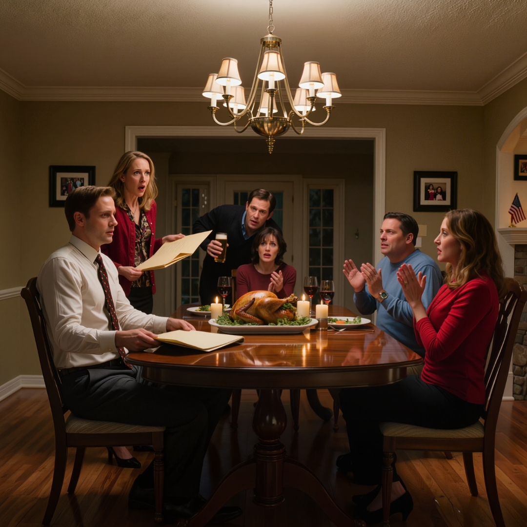 “We voted. You’re not family anymore,” my sister announced at Thanksgiving dinner, raising her glass like she had just won something. No one at the table defended me. A few of them even clapped. I let the room enjoy its little victory, then placed a sealed folder beside the turkey and said, “Then I guess you won’t need this.” My sister opened the first page — and her hands started shaking before she reached the second line.