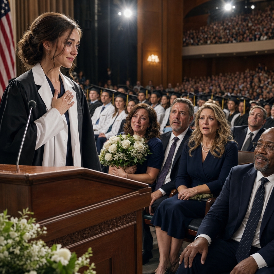 At my Johns Hopkins graduation, the parents who left me at a hospital when I was a baby walked in like they had earned the front row. They sat in the reserved family seats and whispered, “She owes us this.” I heard every word. I just smoothed my white coat, kept my eyes on the stage, and waited. Then the dean opened the program and read the name my birth parents had never expected.