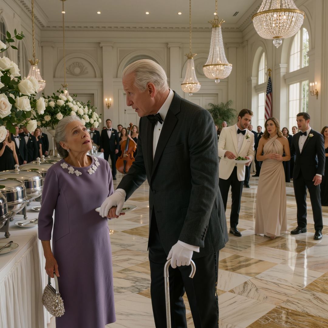 At my grandson’s wedding, my son told the waiter not to bring me a plate. “She’s not family,” he said, loud enough for two hundred guests to hear. “She only came for the food.” I was already reaching for my little purse when a white-haired man in a dark suit stepped beside me, placed my hand on his arm, and told the waiter, “Serve Mrs. Harper first. Very soon, this room will understand why she should never have been asked to leave.”