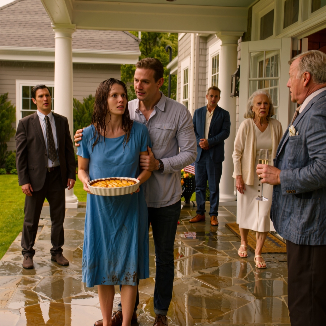 I walked into my fiancé’s family BBQ soaked, muddy, and still shaking from the storm. His father looked me up and down in front of everyone, raised his glass, and sneered, “Ryan, your fiancée looks like trash.” A few guests laughed. My fiancé stepped toward me, but before he could speak, the mansion doors opened behind them. The elderly woman I had just pulled from the roadside stepped onto the patio — and suddenly, every rich person there forgot how to breathe.