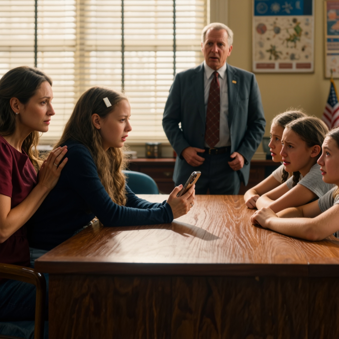 Three popular girls shoved gum into my daughter’s hair during 7th-grade science class. When I got to school, Jenny was sitting outside the principal’s office with red eyes — but she looked at me and said, “Don’t worry, Mom. I already handled it.” Ten minutes later, those girls were begging her not to show one video.