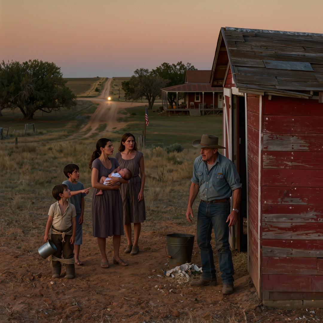 A little boy stood behind my barn beside the food scraps bucket and asked, “Can we eat what’s left?” His mother stood behind him with three more children, too hungry to hide it and too proud to beg. I brought them inside, fed them, and offered her work on my ranch instead of charity. But just after midnight, her quiet son pointed toward the dark front gate and whispered, “They found us.”