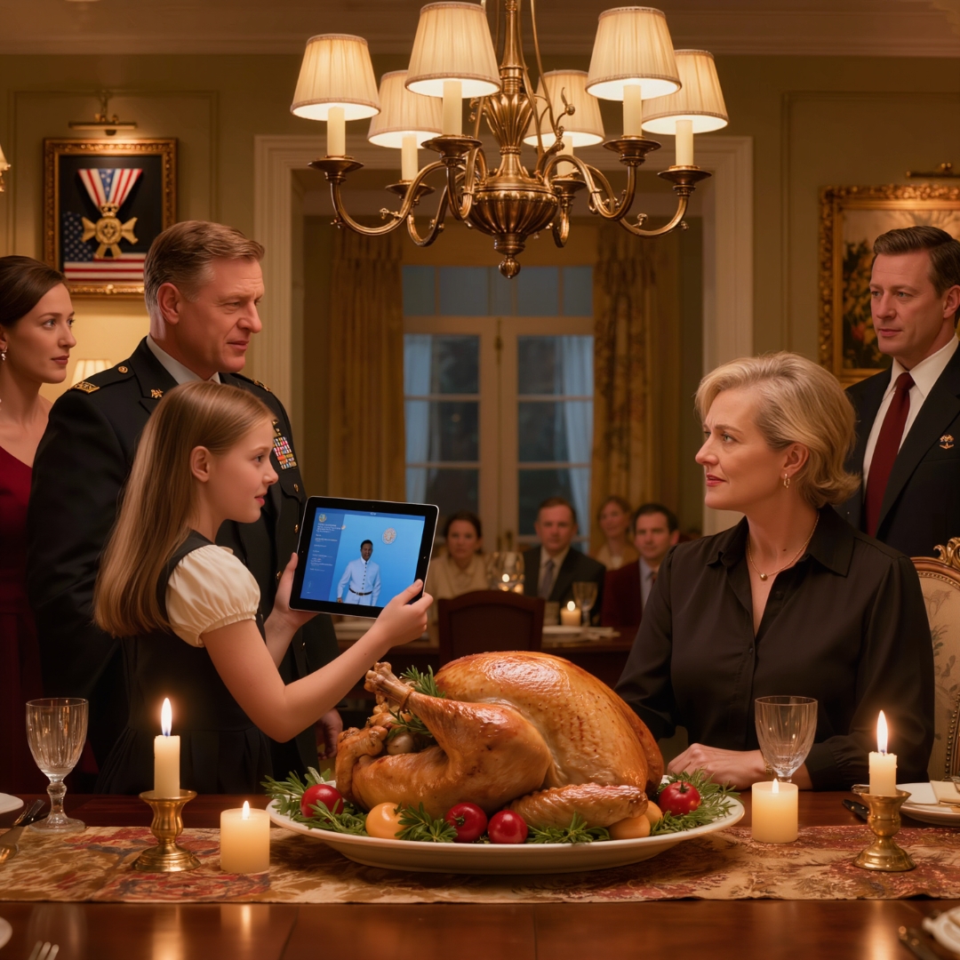 “You’re a disgrace,” my brother said at Thanksgiving dinner, shoving me in front of the whole family. Then he tapped the medals on his chest and laughed, “At least I wasn’t just a desk soldier.” I was still steadying myself when my daughter stepped between us with her iPad. She looked straight at him, tapped play, and said five words he never expected to hear.
