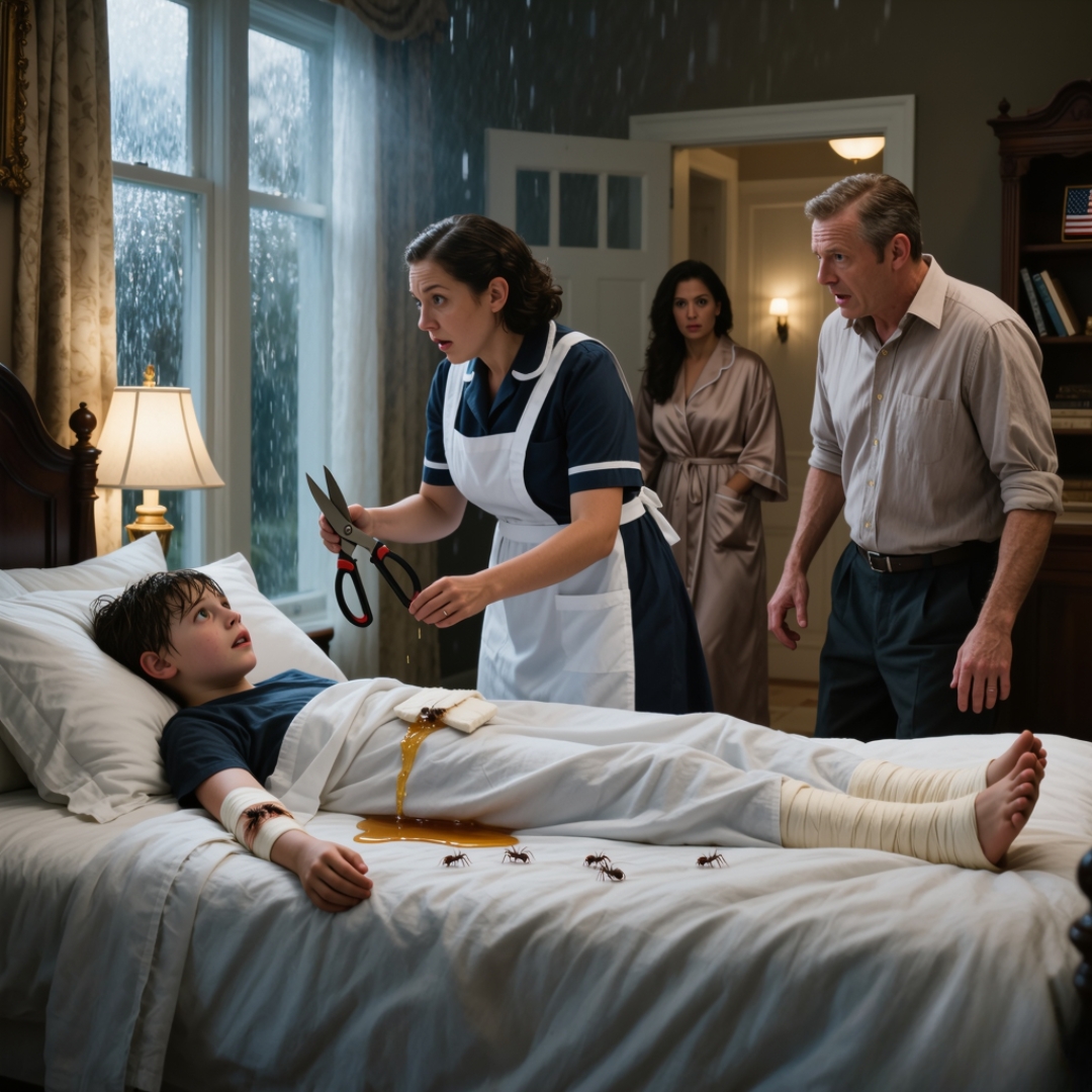 “Please take it off,” the 10-year-old boy whispered, his eyes glassy with fever. Everyone in the house thought he was acting out because of his father’s new marriage, until the housekeeper noticed a strange smell, grabbed a pair of industrial shears, cracked his cast open, and uncovered the truth no one in that beautiful suburban home was ready to see.