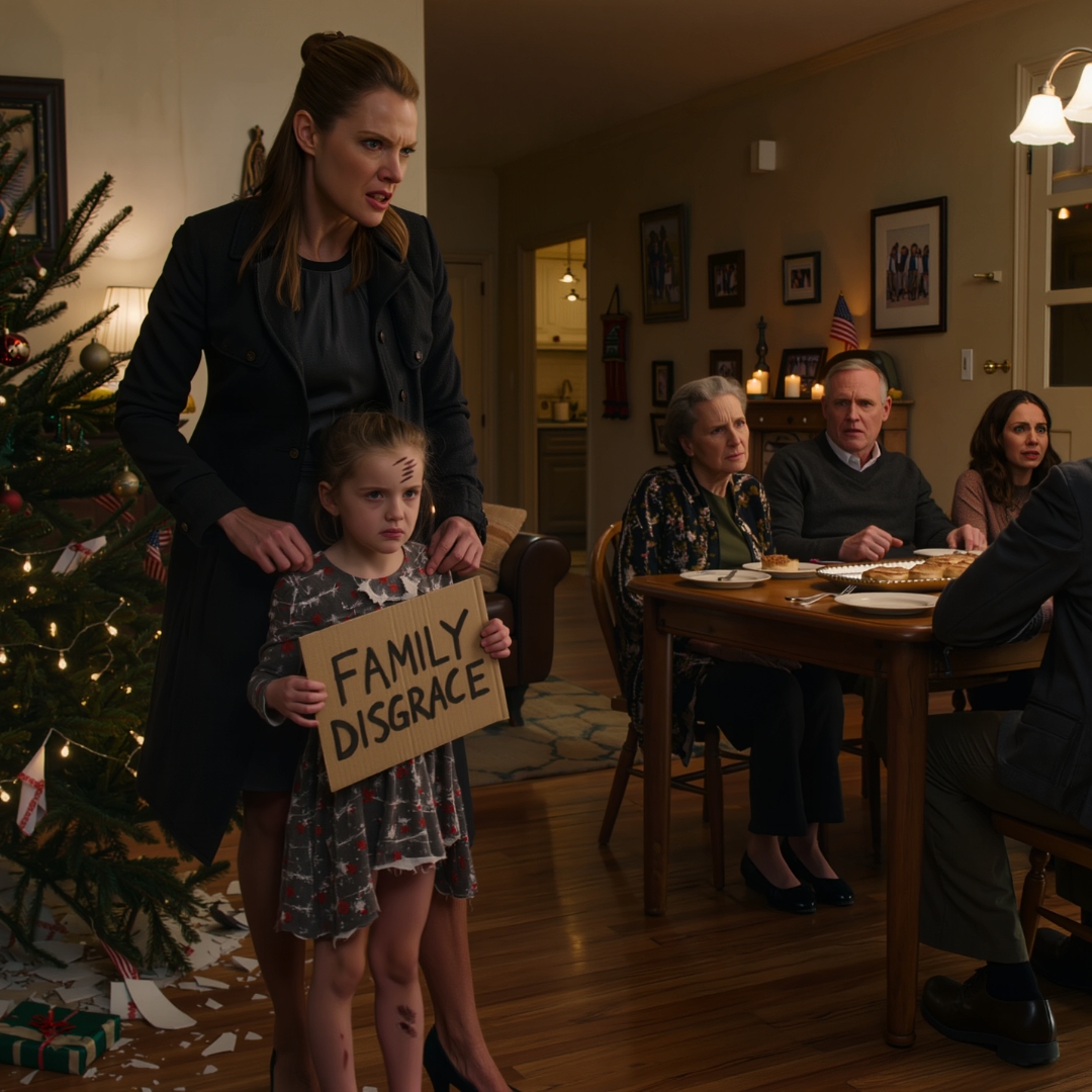At Christmas, while I was working a double shift, my family put my 7-year-old daughter in the corner, hung a sign around her neck that said “family disgrace,” and told everyone she was a liar. They ate dinner in front of her while she sat there hungry for hours, too scared to call me. When I walked in, she was still holding that sign with both hands and whispering, “I tried to be good.” My hands went cold. I took one photo, picked up my daughter, and made the first call before I reached the driveway. Two days later, the same people who laughed were begging me to answer the phone.