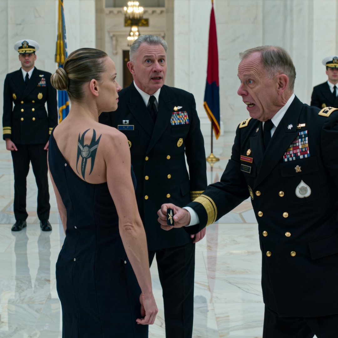 “You’re a traitor,” my father shouted in front of the entire room. He was a decorated general, and he thought his uniform gave him the power to erase every year I had served. Then my torn jacket slipped just enough for the tattoo on my back to show. Across the hall, an admiral stood up, went pale, and said the three words my father was never ready to hear: “She outranks you.”